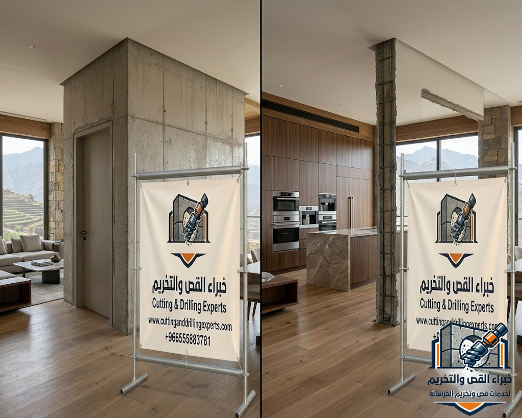 قص جدران خرسانية بالطائف باستخدام المناشير الماسية لفتح الأبواب والنوافذ وتعديل الجدران الخرسانية بدقة هندسية وبدون تكسير عشوائي